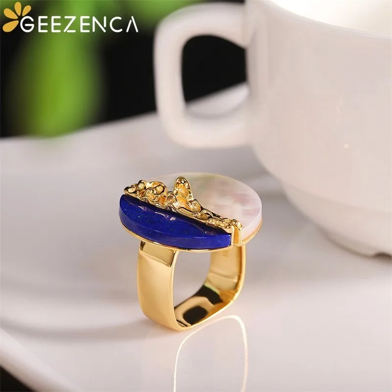 GEEZENCA Natural Lapis Lazuli S925 Silver Big Rings For Women Mother Of Pearl Exaggerated Wider Gold Plated Ring 2023 New Gift