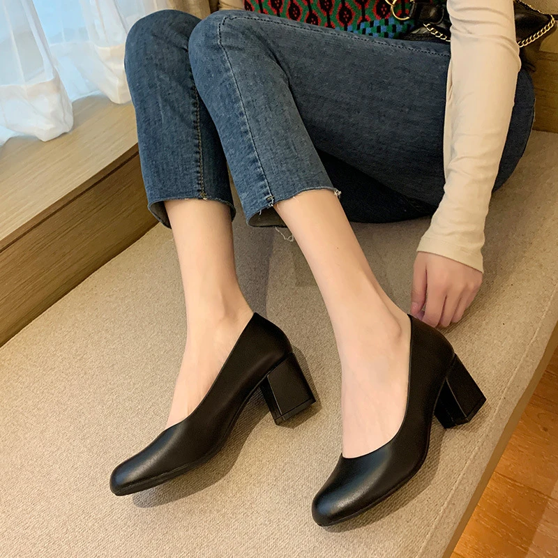 Womens Black Leather Block Heel Pumps Round Toe Comfortable Dress Shoes For  Office Work Wedding And Daily Wear Comfortable - AliExpress 322