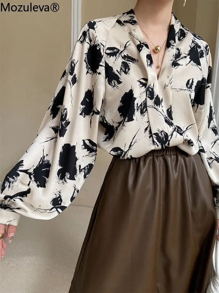 Mozuleva 2023 Loose Single-breasted Female Satin Shirts Tops Spring Summer Chinese Style Ink Printed Lantern Sleeve Women Blouse