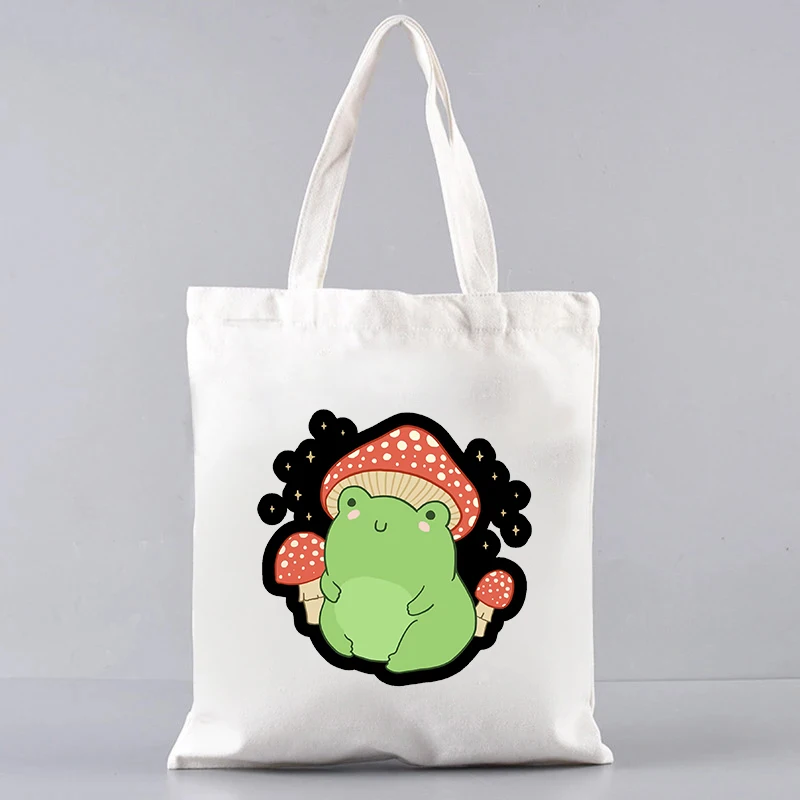 Kawaii Cartoon Mushroom Frog Trendy Canvas Tote Bag Large Capacity Reusable Shoulder Bags Women Travel Luggage Storage Clutch