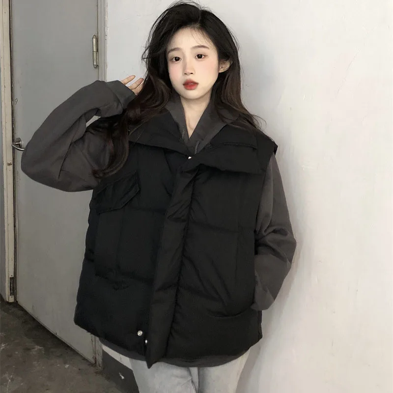 

Loose Short Vest Cotton Padded Jackets Autumn Winter New Women Down Waistcoat Stand Collar Sleeveless White Outwear Female Tops