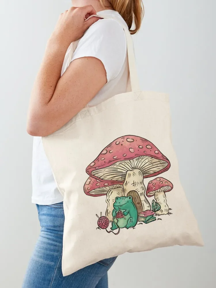 Frog sitting under a mushroom knitting, Cottage Core frog and mushroom, Cute frog and mushroom, Gift for people who kni Tote Bag