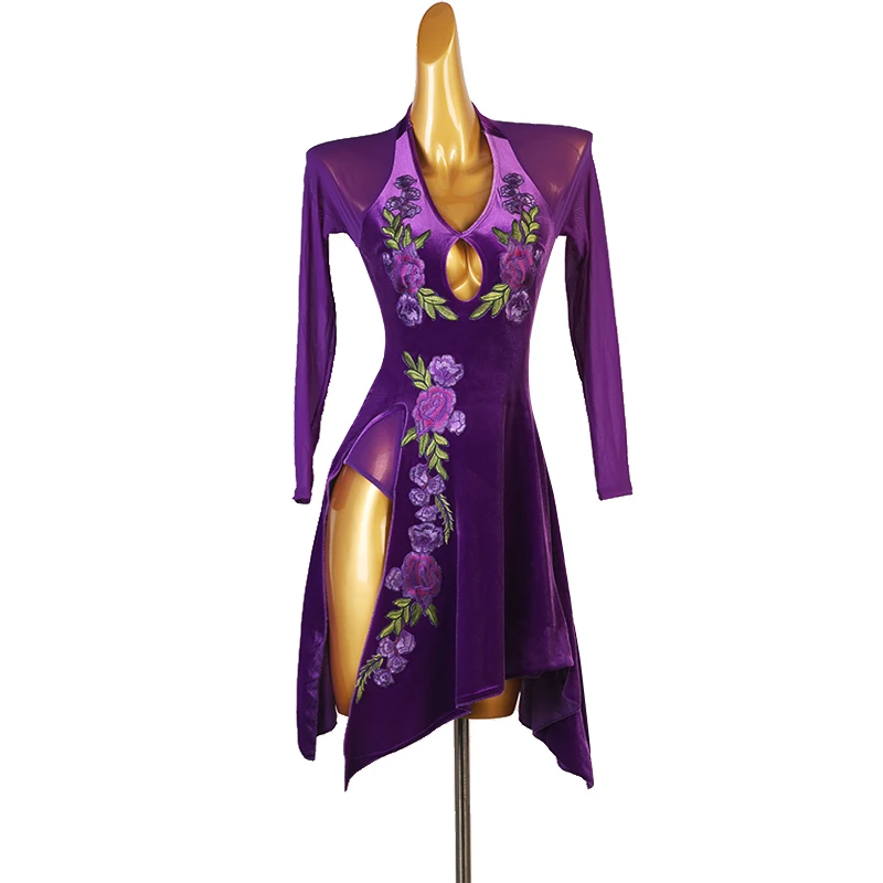 

V Neck Velvet Latin Dance Dress Performance Competition Outfit Three Step Cha Cha Rumba Skirt