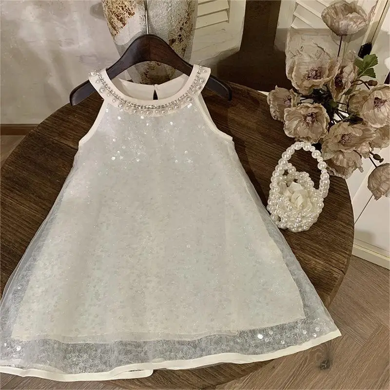 Newborn Baby Girl Princess Pearl Sequin Dress Sleeveless Infant Toddler Child Tulle Vestido Party Birthday Baby Clothes 1-12Y