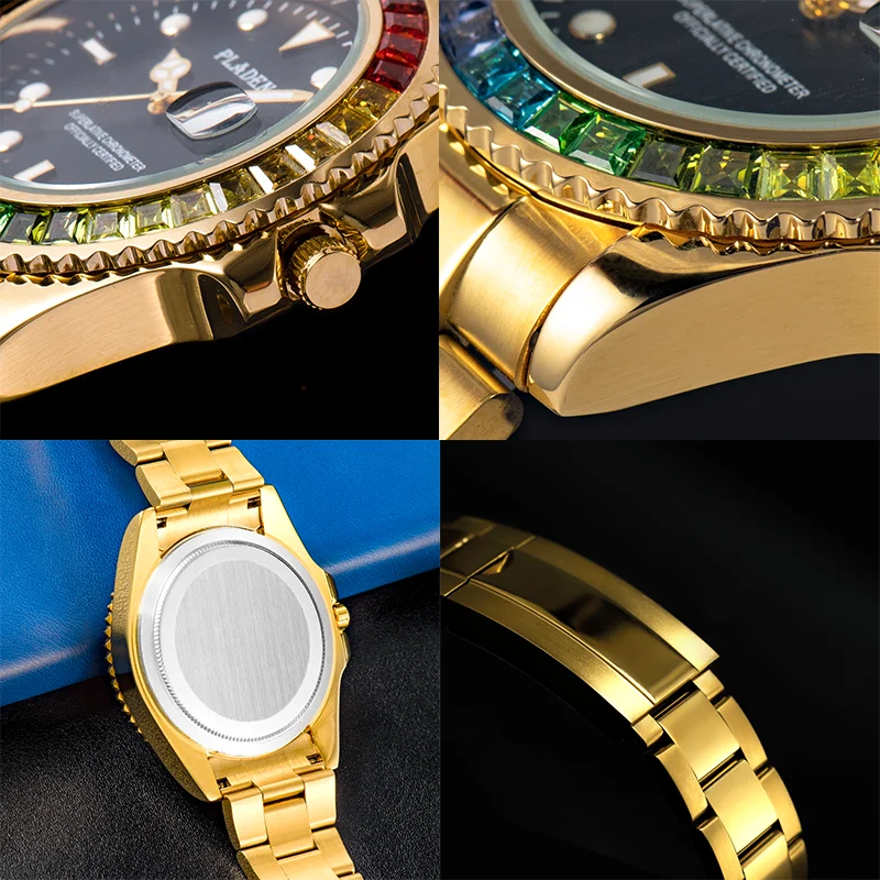 【With Leather Box】PLADEN Business Men\'s Watch With Rainbow Diamond Waterproof Stainless Steel Watches Stylish Gold Clock Male