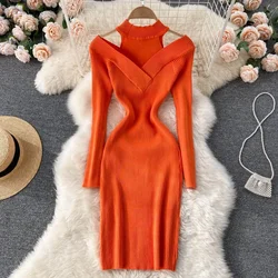 Elegant  Off Shoulder Long Sleeve Knit Bodycon  Pencil Dress Slim Basic Fashion Sweater Vestido Sexy Winter Clothing