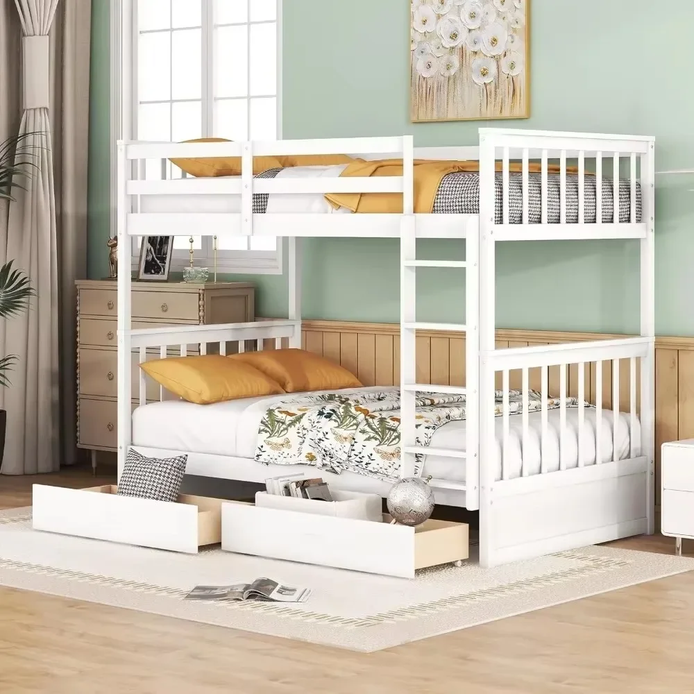 Bunk Beds, Wood Bunk Bed with Drawers, Convertible Wood Bunk Bed with Ladders and Two Storage Drawers, Twin Over Twin Size