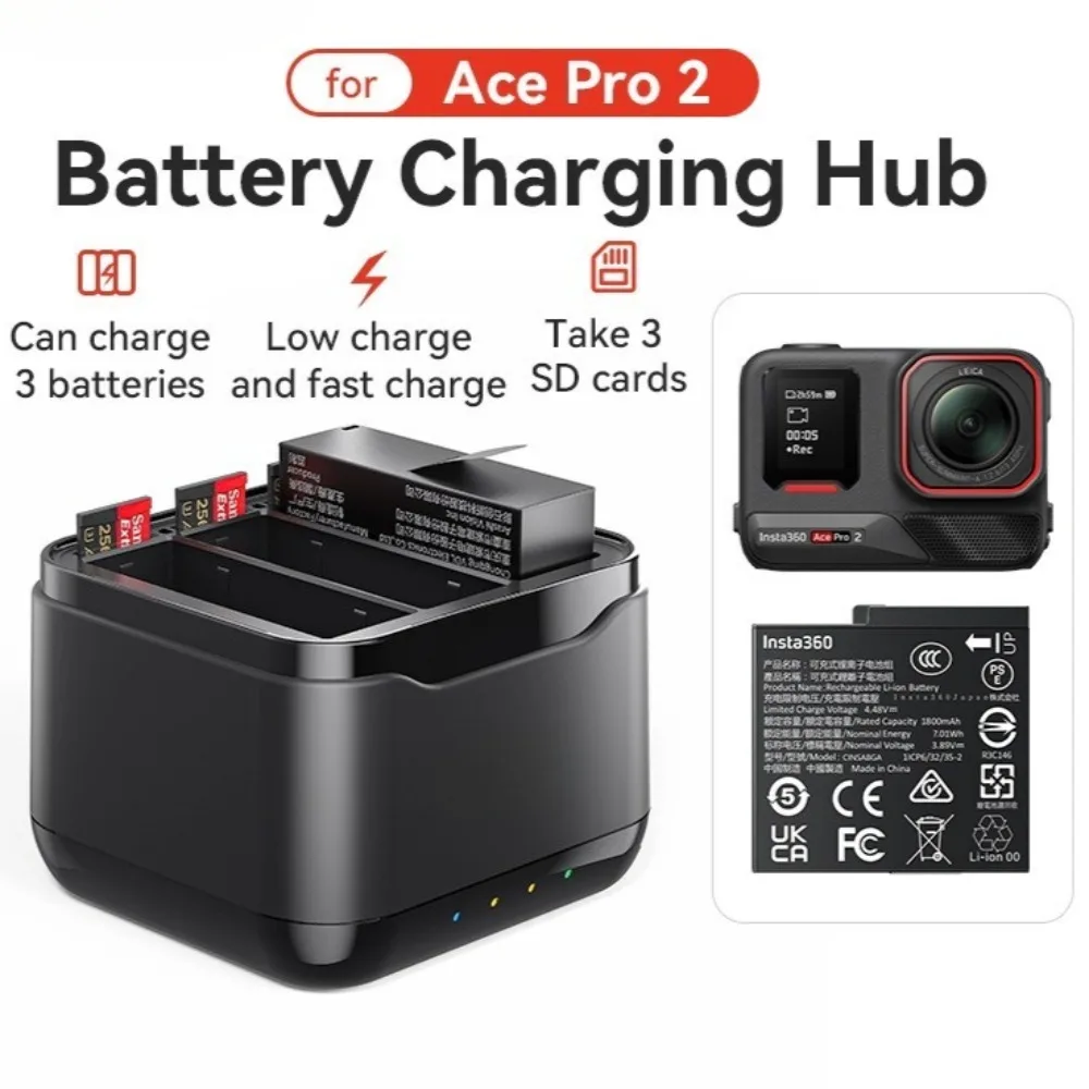 

Для Insta360 Ace Pro2 аккумулятор для камеры, быстрое зарядное устройство, аккумулятор с тремя зарядками и 3 слотами для карт памяти для Insta360 Ace Pro 2