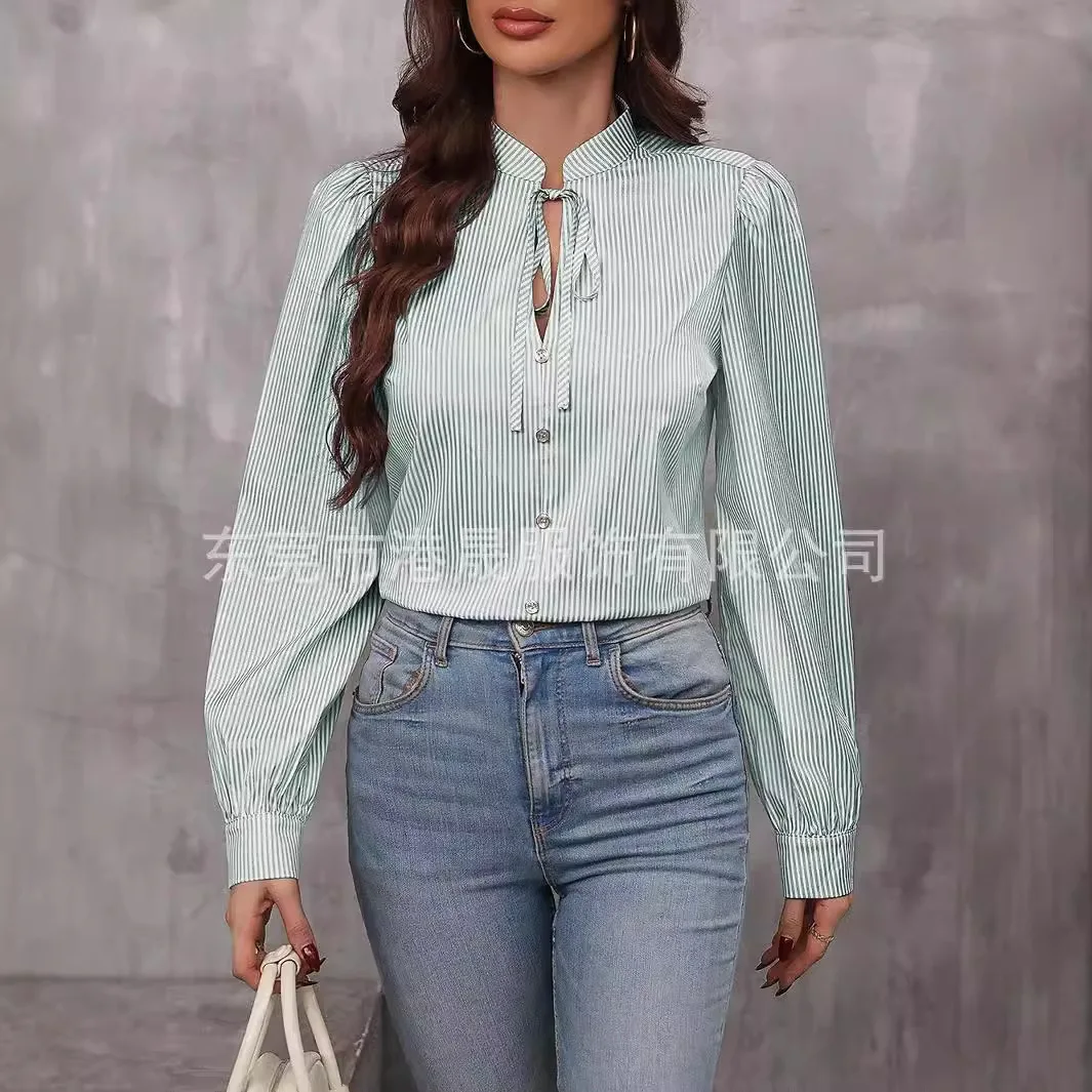 New Women's Semi Open Collar Lace Up Pullover Long Sleeved Shirt with Commuting Stripe Style