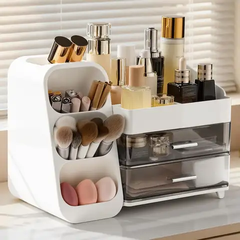 Spacious Makeup Organizer with Brush Holder, Cosmetic Display Case for Vanity Bathroom Storage, White