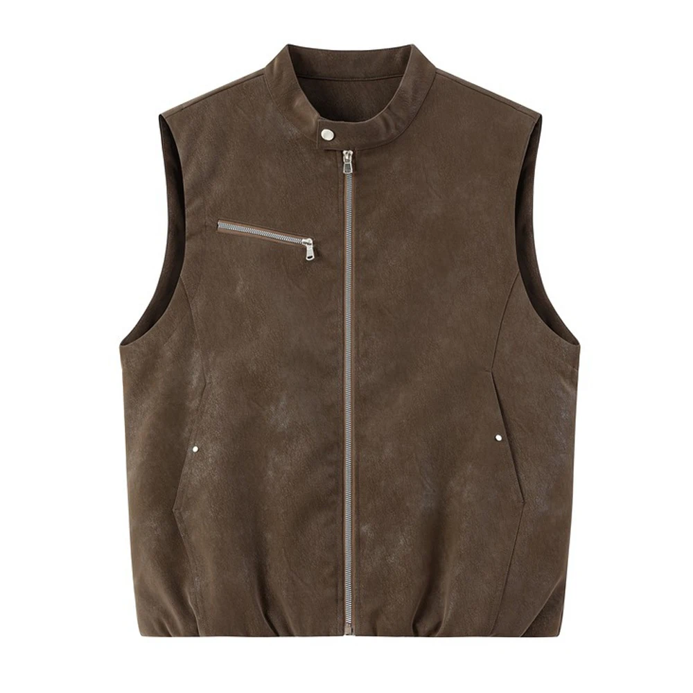 Autumn Men's Faux Suede Vests Vintage Men Retro Stand Collar Zipper Sleeveless Jackets Men Loose Fit Multi‑Pocket Waistcoats
