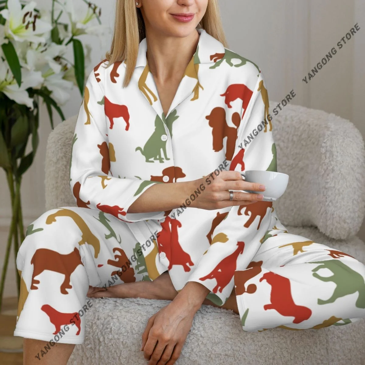 

Women Sleepwear Loungewear Dog Breed Long Sleeve Lapel Neck Shirt and Elastic Waist Pants Pajamas Set