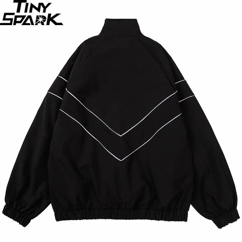 Men Hip Hop Streetwear Reflective Striped Jacket Coat Zipper Up Jacket Windbreaker Harajuku Thin Jacket Sports Black Blue