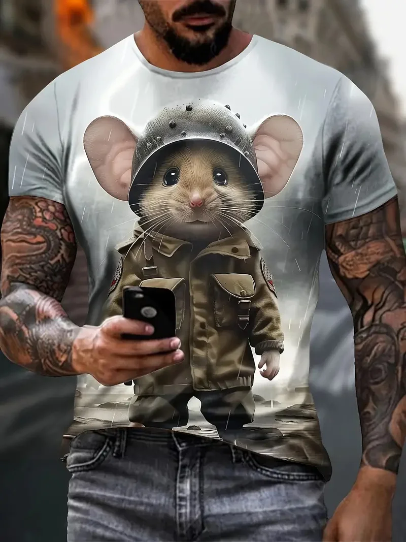 Men\'s 3D animal mouse printed T-shirt summer fashion casual outdoor sports fitness round neck short sleeved men\'s shirt clothing