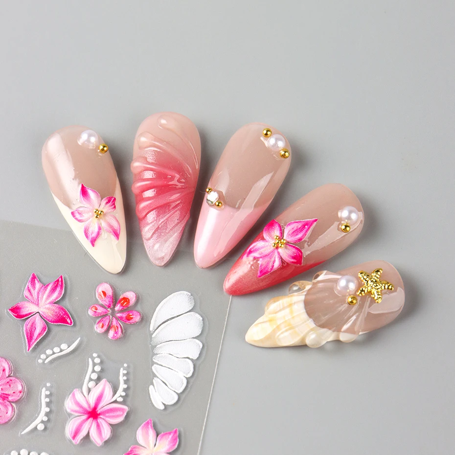2 uds 5D en relieve rosa vino rojo pegatinas de flores para uñas orquídea Plumeria adhesivo Floral pegatinas de uñas verano océano pétalo encantos