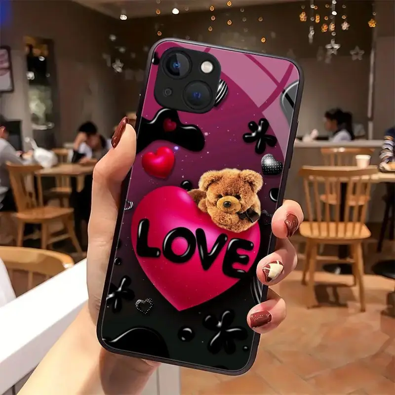 LOVE Bear tempered glass phone case for iPhone 17 Air 16 15 14 13 12 11 Pro Pm Plus lens protection Glass back cover