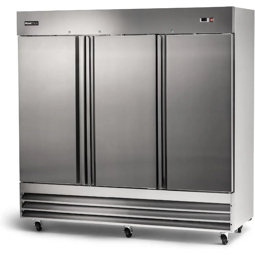 

3 Door Commercial Rerigerator, 72 Cu. t., 81" W StainlSteel Reach-In Upright Rerigerator, Adjustable Shelves, Auto rost, Digital
