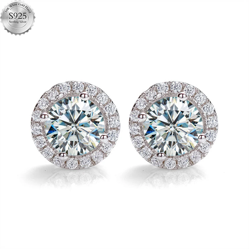 

100% 925 Sterling Silver Stud Halo Earrings Real Moissanite Stone 1 Carat D Color VVS1 for Women Wedding Fine Jewelry