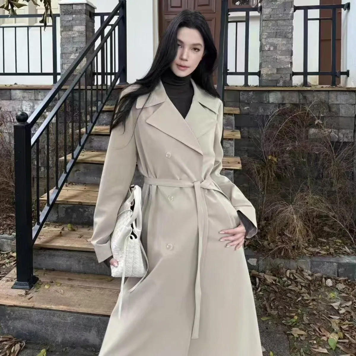 BJTZ Cappotto da donna di moda di media lunghezza 2025 Primavera Autunno Nuova giacca da donna da ufficio con temperamento in tinta unita con lacci e vita dentellata