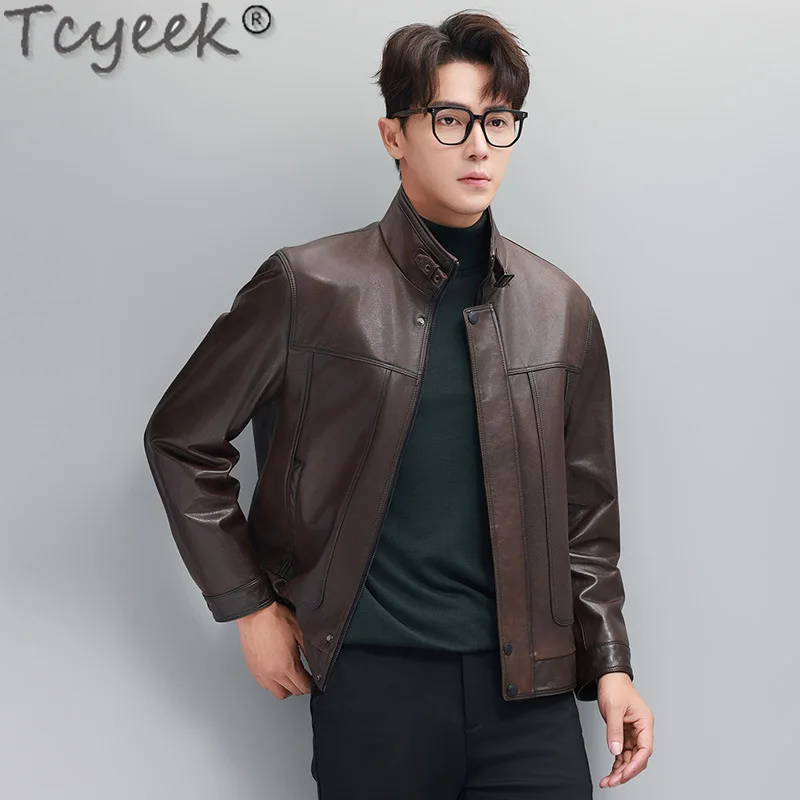 Tcyeek Genuine Leather Jacket Men Real Sheepskin Coat Spring Autumn Clothes Vintage Mens Leather Jackets Chic Jaqueta Couro 2024