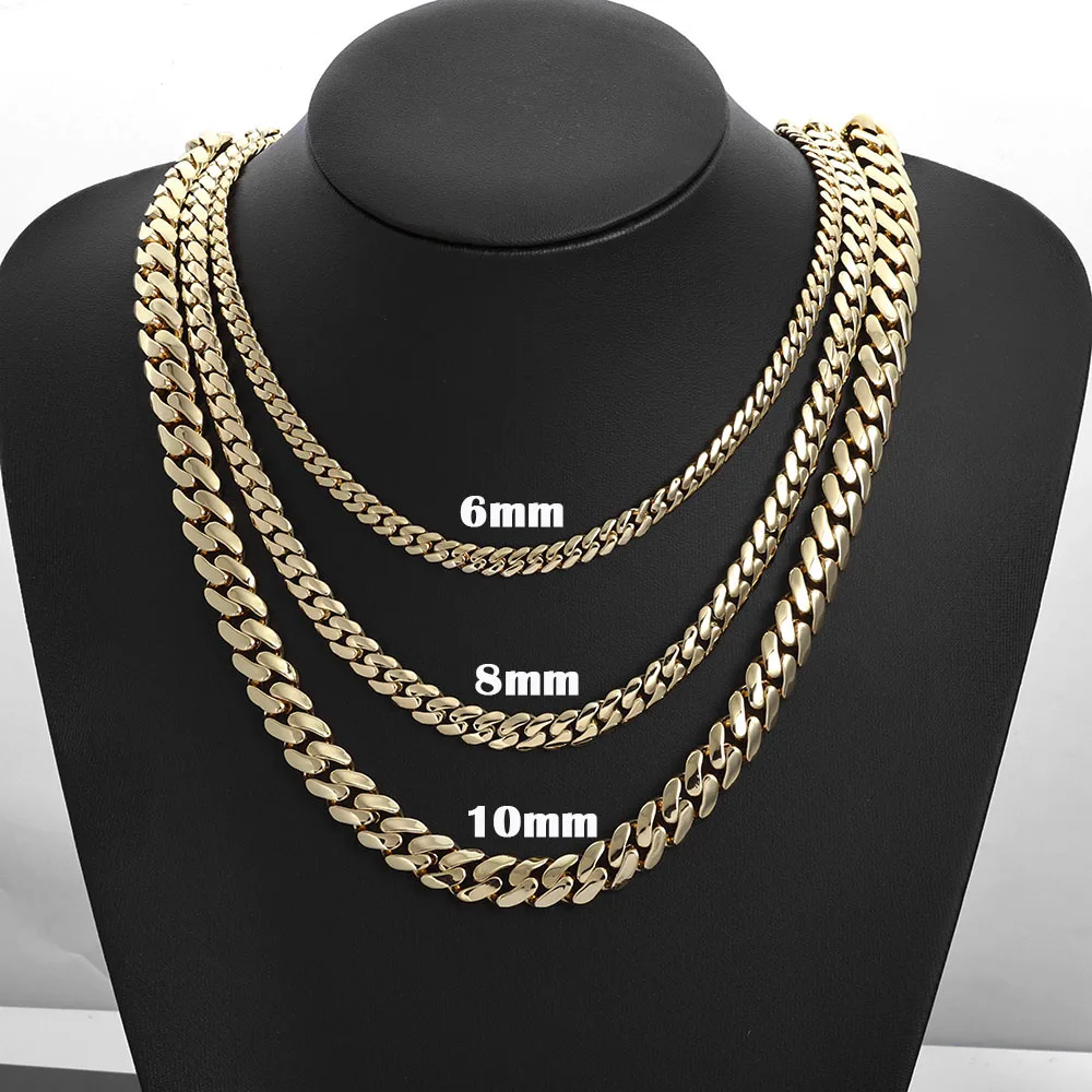 

HHIOK 14k Gold Plated 6/8/10mm Monaco Chain Iced Out Clasp Solid Brass Smooth Flat Necklace for Men Women