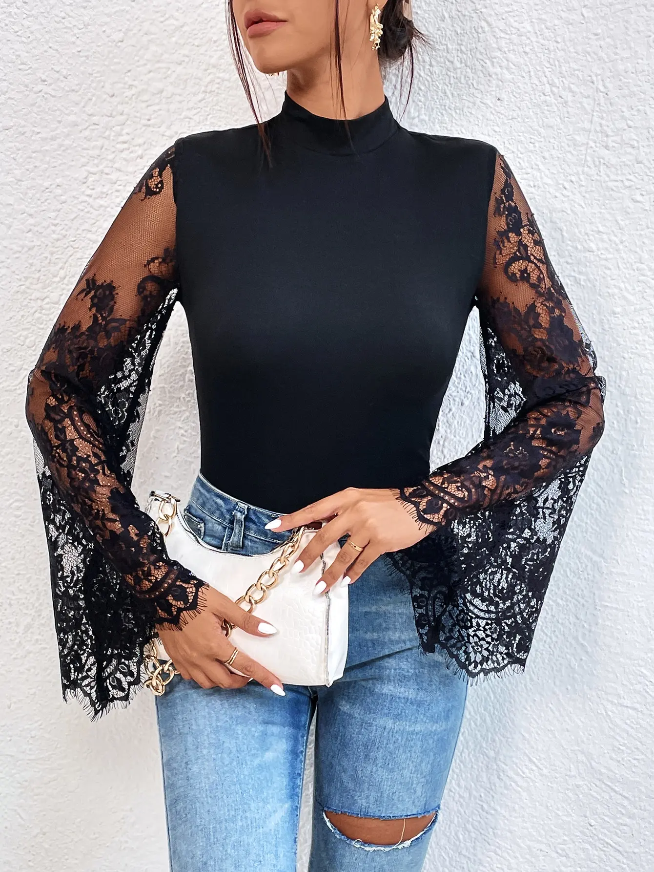 New Summer Cloths Women\'s Black Lace Patchwork Long Sleeved Flared Sleeve Round Neck Tight Sexy Jumpsuit Rompers