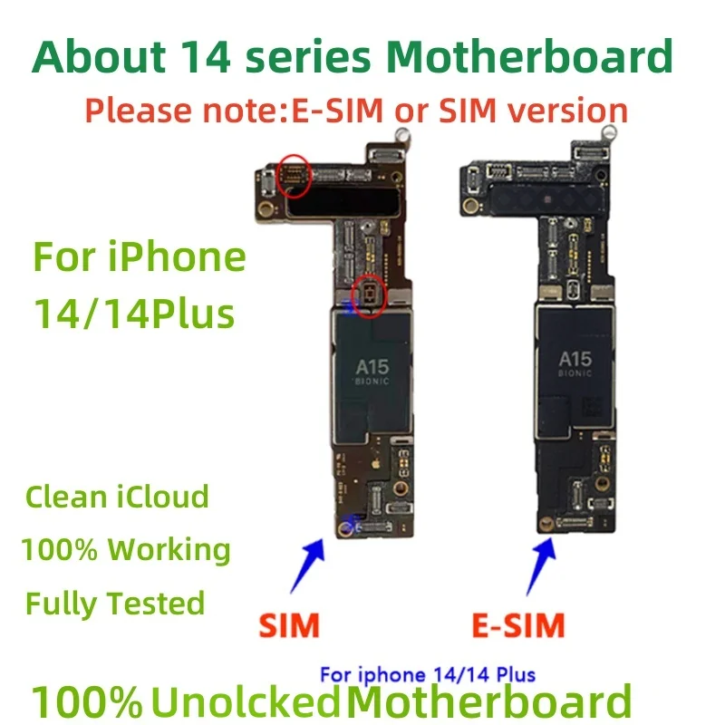 100% Unlocked For iPhone 14 14 Plus Logic board For iphone 14 Plus E-SIM Motherboard No/With Face ID mainboard Clean iCloud