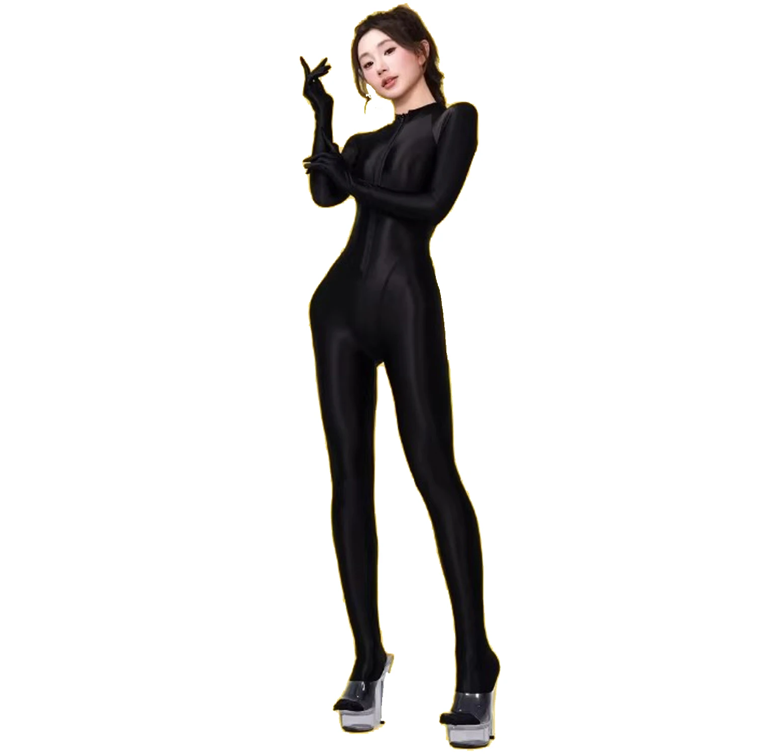 Women Glossy Ultra-thin Spandex Trasparent One-piece Back Zipper Swimwear Bodysuit Leotards Tights Jumpsuit Bathing Suit Cosplay