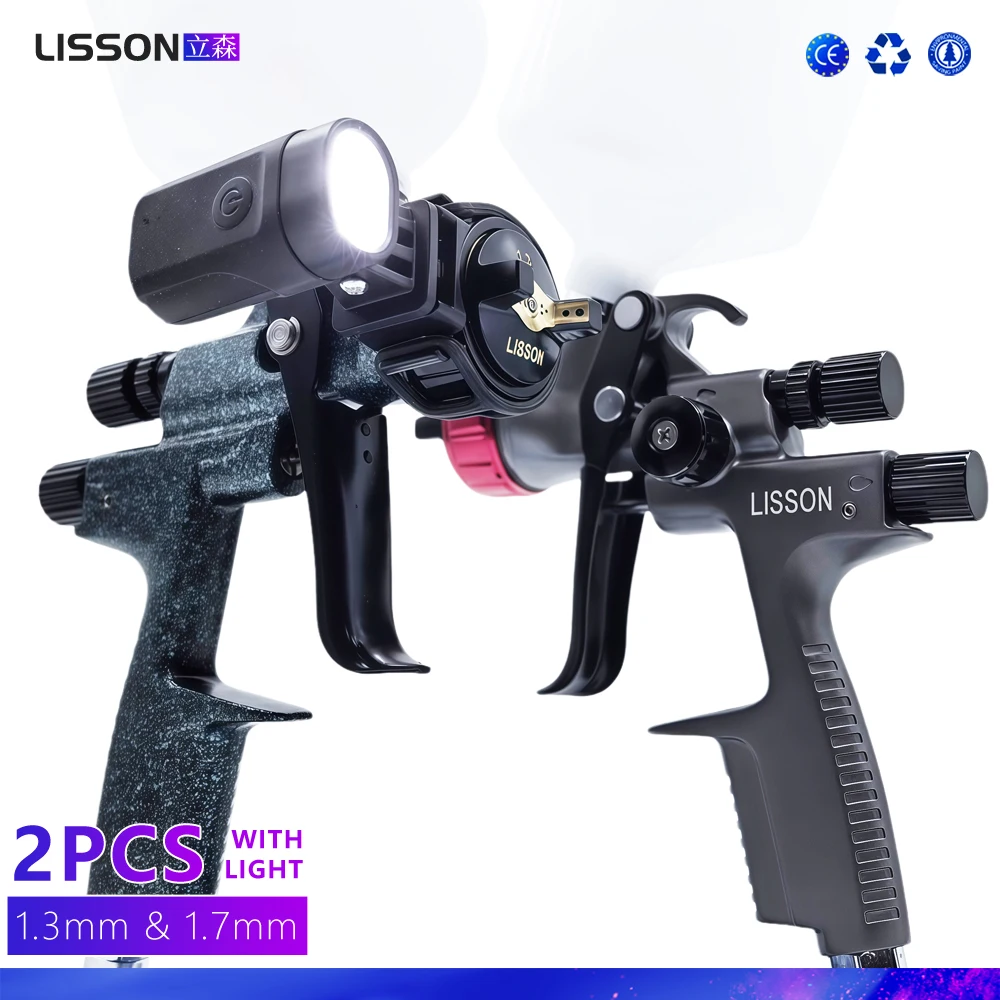 2PCS HVLP 1.3mm & 1.7mm Spray Guns Set with LED Spray Light 600ml Cup, for Auto Body, Wood & Water-Based Paint