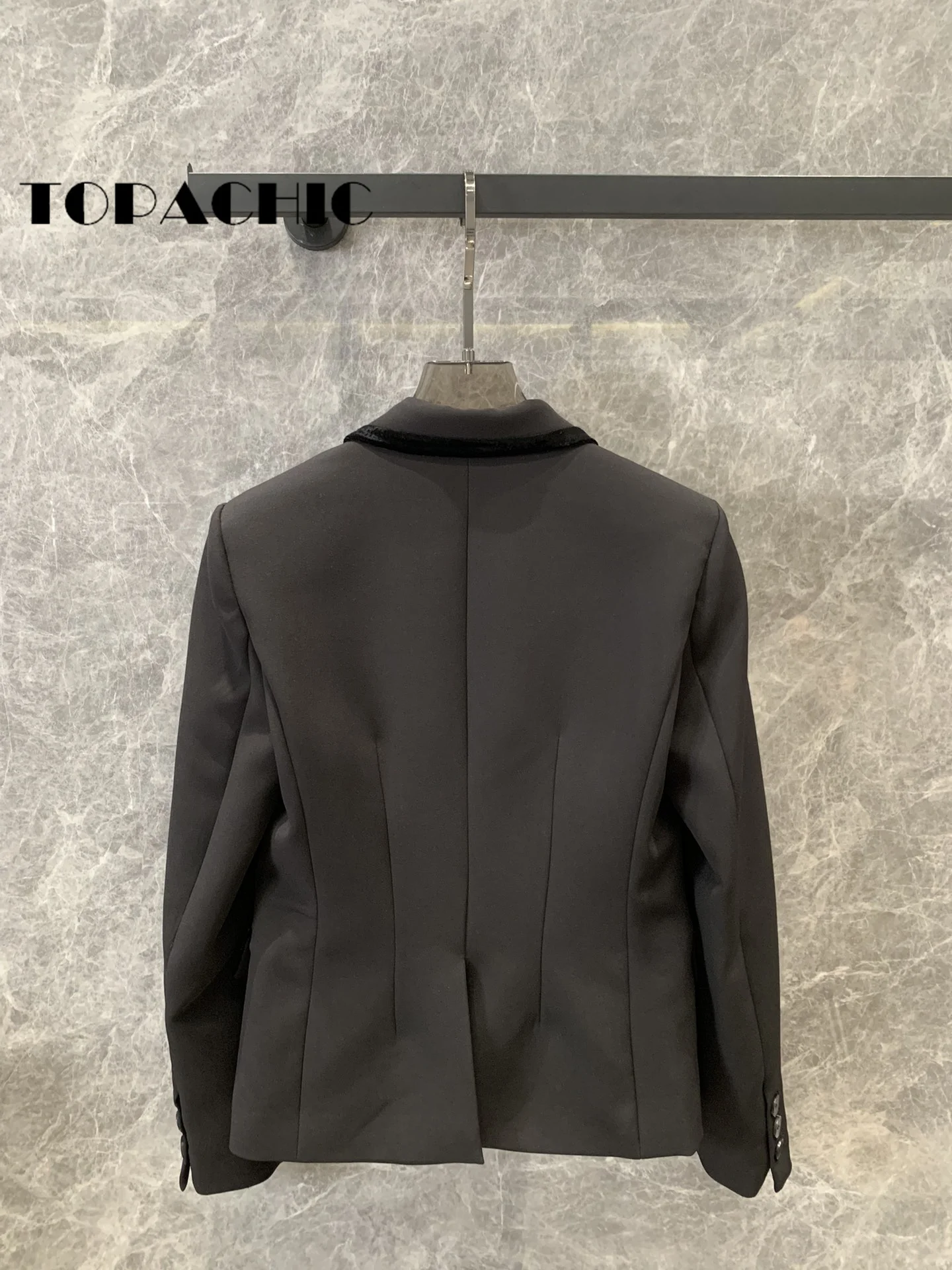 8.14 TOPACHIC-Women Autumn New Double Breasted Blazer Coat Velvet Spliced Notched Collar Pocket Back Split Collect Waist Jacket