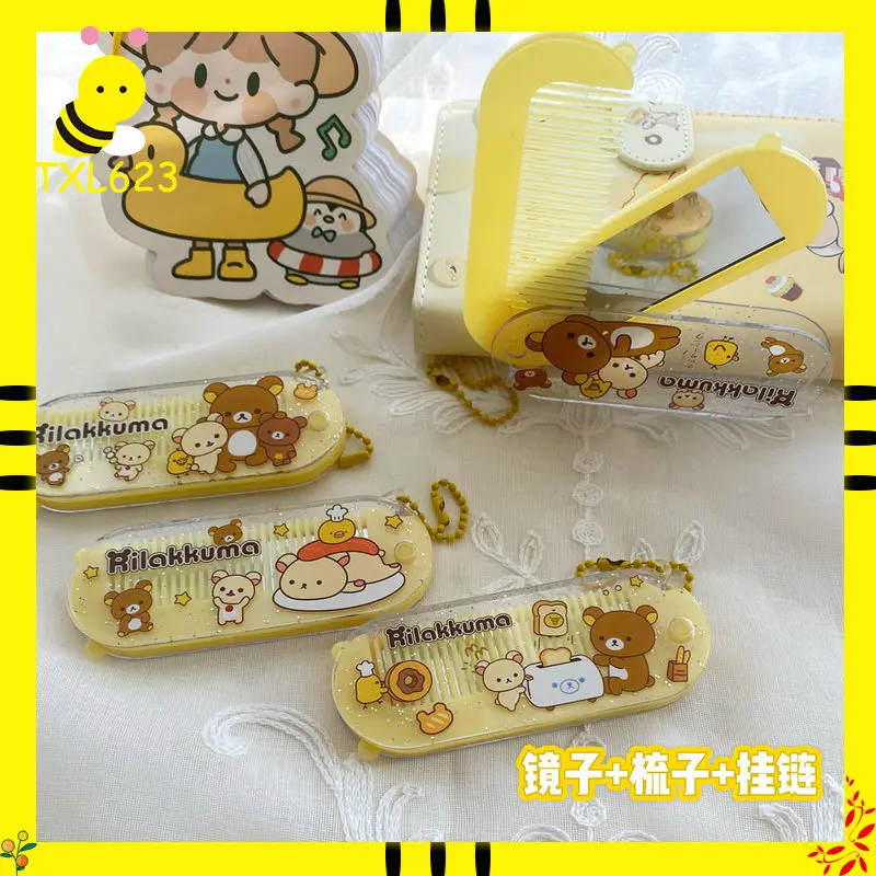 Rilakkuma Comb With Mirror Anime Relax Bear Mini Hair Brush Women Travel Portable Folding Bangs Combs Looking Glass Girls Gift - view 2