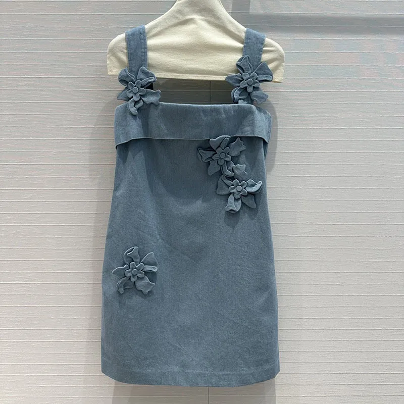 

Women's Fashion Three-dimensional Flower Sling Tube Top Dress High End Elegant Off Shoulder Sweet Denim Mini Dresses New 2024