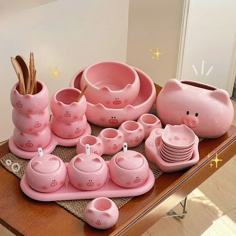 Cute Pig Kitchen Utensil Set Creative Chopstick Holder Seasoning Dish Dipping Bowl Napkin Box Housewarming Gift Ceramic Pink