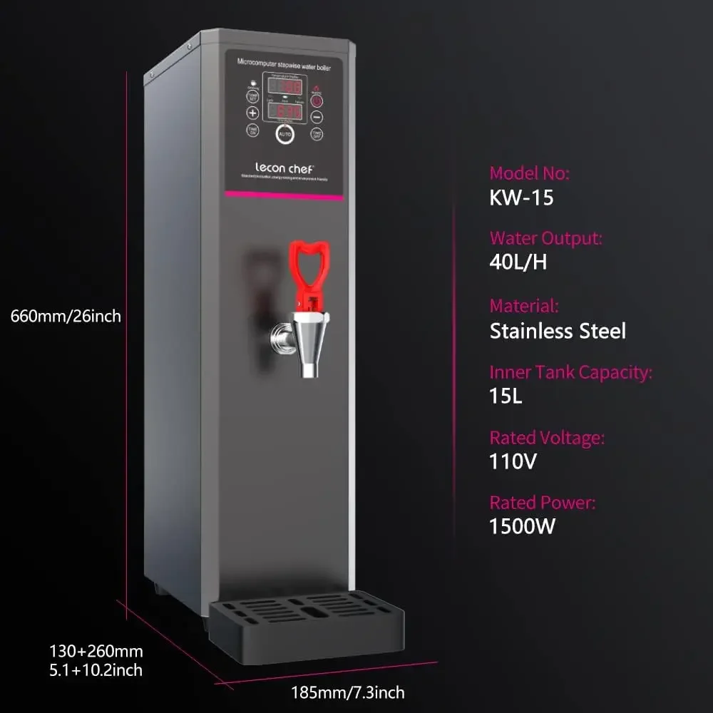 หม้อต้มไฟฟ้าเครื่องจ่ายน้ําร้อนเชิงพาณิชย์เคาน์เตอร์พร้อมตัวกรองสีดําอัตโนมัติ 15L 1500W ความร้อนอย่างรวดเร็วสําหรับ