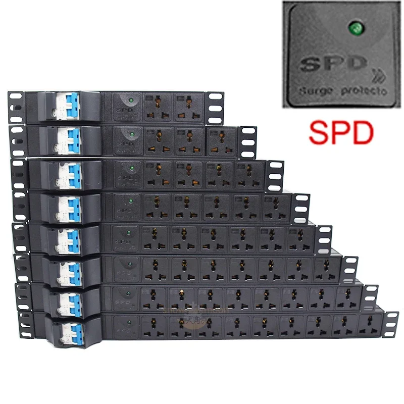 

Cabinet Mount PDU Power Strip 3500W 2-8 Way Universal Plug Socket 16A Air Switch Surge Protector 2Meter Extension Cable