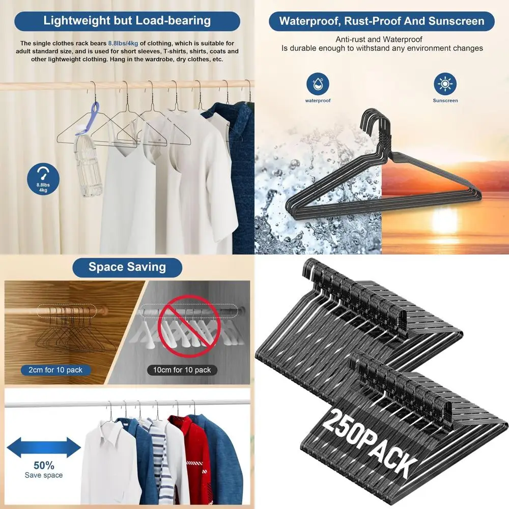 

250 Pack Non-Slip Ultra Thin 16 Inch Wire Hangers for Standard Clothing, Space-Saving, Black