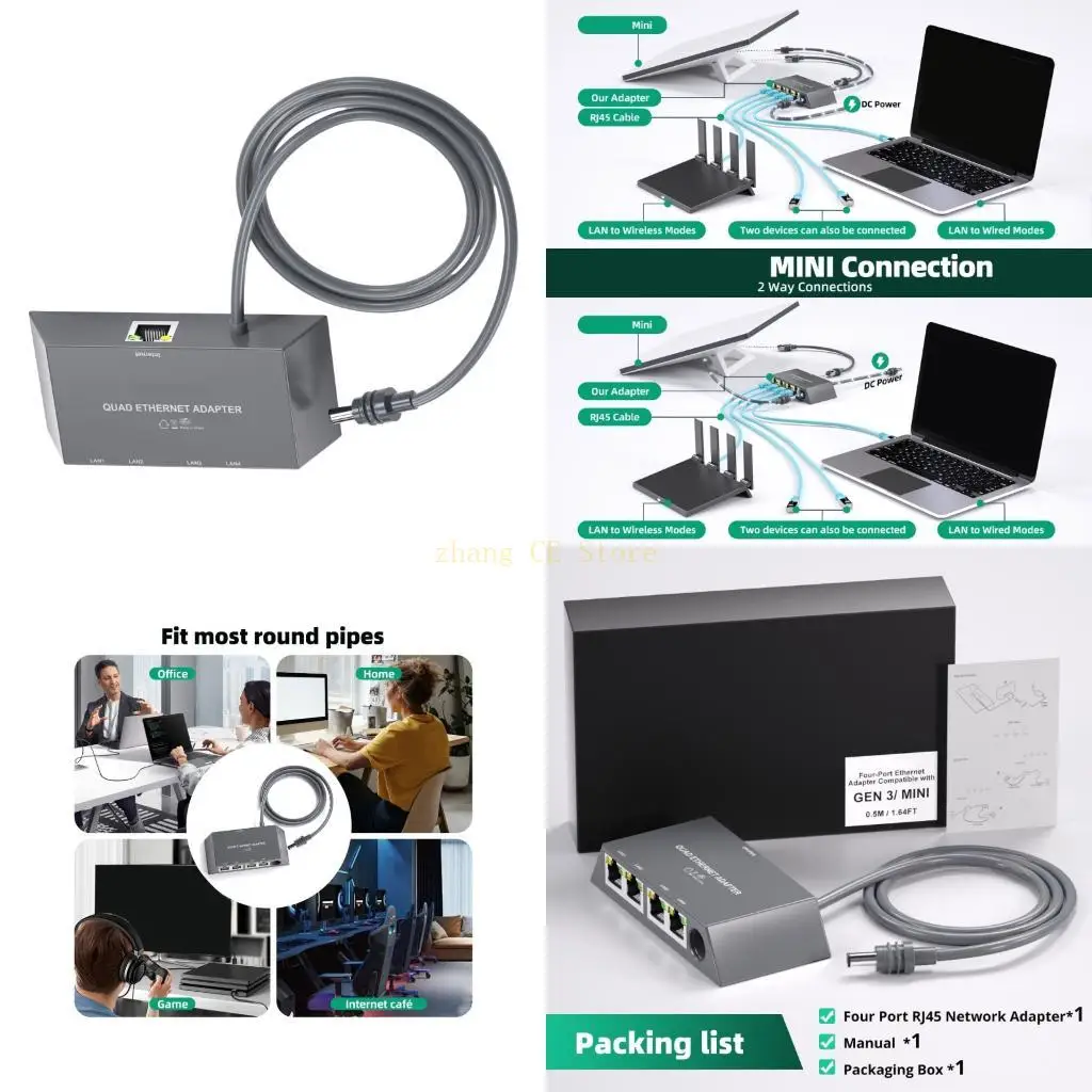 

M5TD 4Port Metal RJ45 Adapter 4 Port Fast Speed Ethernet Splitter For Stable Internet