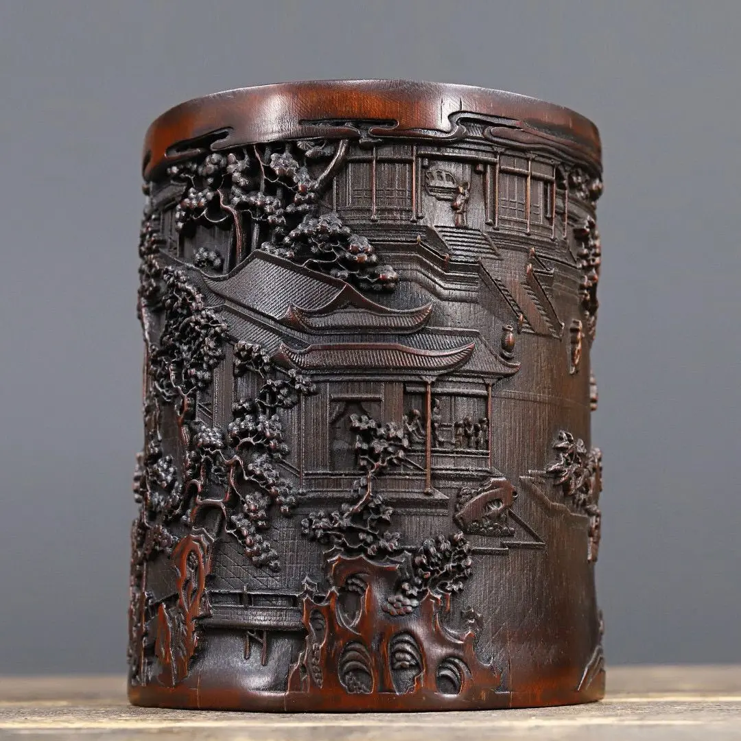 Antique Bamboo Carved Scenery Brush Pot Pen Holder Desktop Organiser Office Desk Accessory Office Supplies view 3
