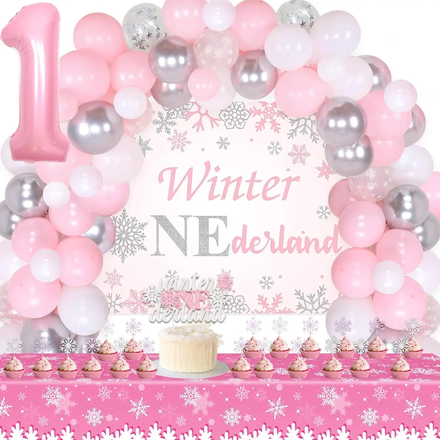 

Snowflake Balloon Garland Kit, Backdrop, Table Cloth, Cake Toppers, 1st Birthday Decor, Winter, Onederland