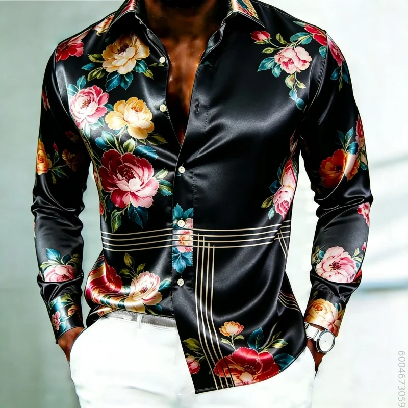 Men's long sleeved shirt with large floral rose print contrasting line design, versatile top for business commuting and travel
