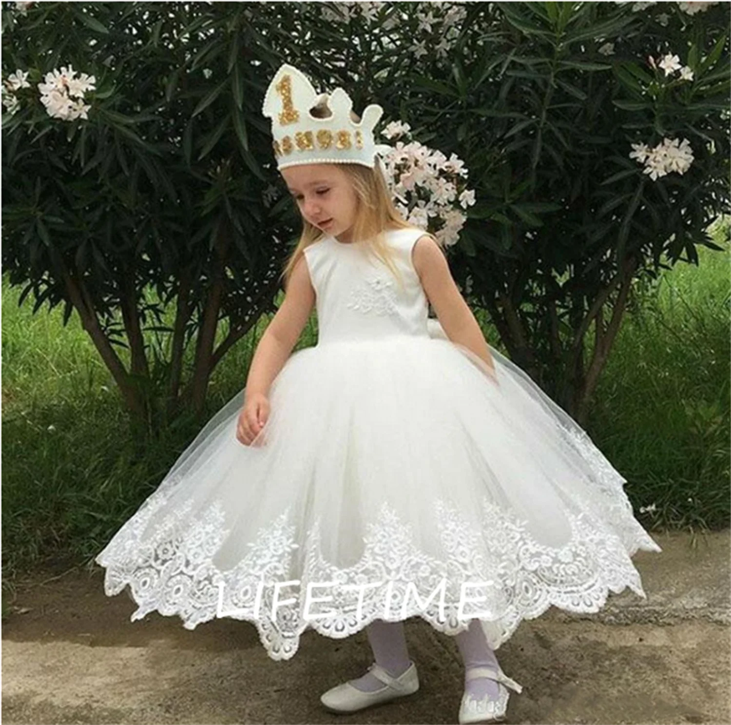 

Flower Girl Dress for Wedding Lace Applique Tulle O Neck Princess First Communion Dress Party Gown