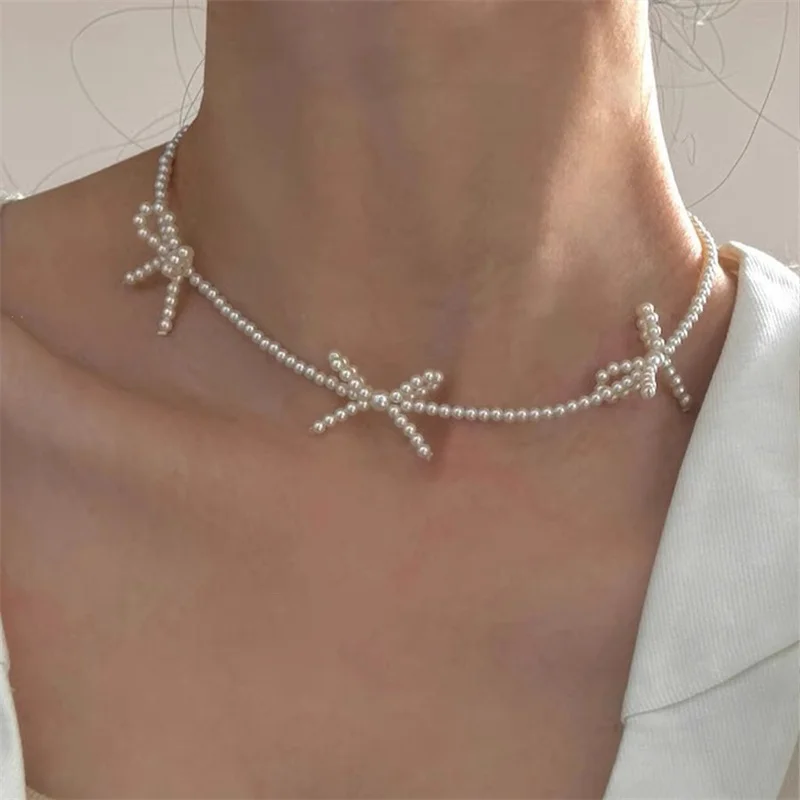 Exquistie Pearl Bow Luxury Necklace For Women Romantic Lolita Clavicle Chain Vogue Jewelry Accessories