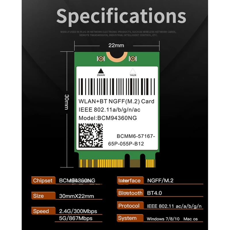 Carte réseau sans fil pour Windows, Stérilisation, 11Ac, Wifi, BCMpayée ity, 360NG, NGFF, M.2, 5 mesurz, WLAN, Bluetooth 1200, DW1560, 4.0 Mbps