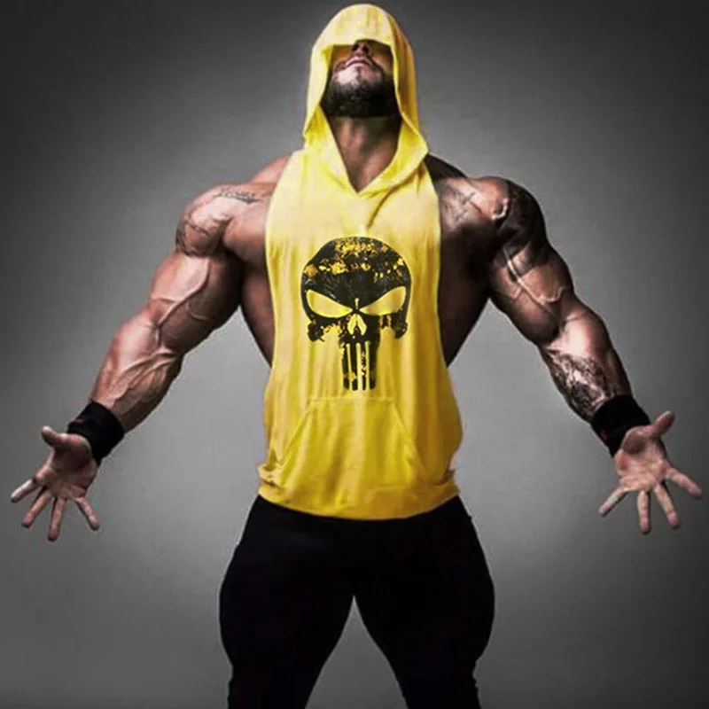 

New Men Bodybuilding Animal Sleeveless Hooded Tank Tops Muscle Stringer Athletic Fitness Vest Top Summer Hoodies Sportswear Tops