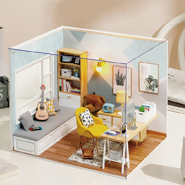 Drewniany miniaturowy domek dla lalek DIY Mały dom Zestaw do robienia zabawek Puzzle 3D Montaż Model budynku Zabawki na prezenty urodzinowe