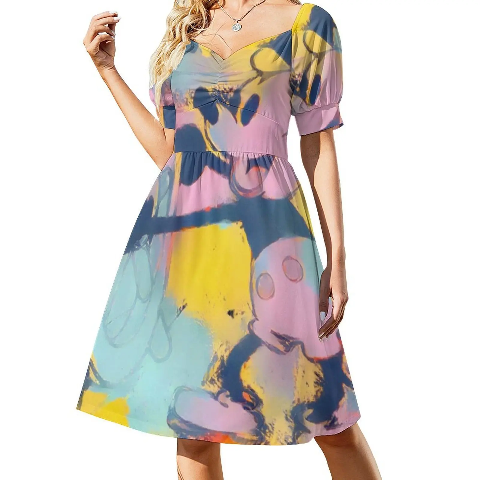 قارب بخاري ميكي على طراز Warhol فستان بوهيمي بدون أكمام متعدد الطباعات لحفلات عطلة الشاطئ فستان Steamboat Willie Warhol #2