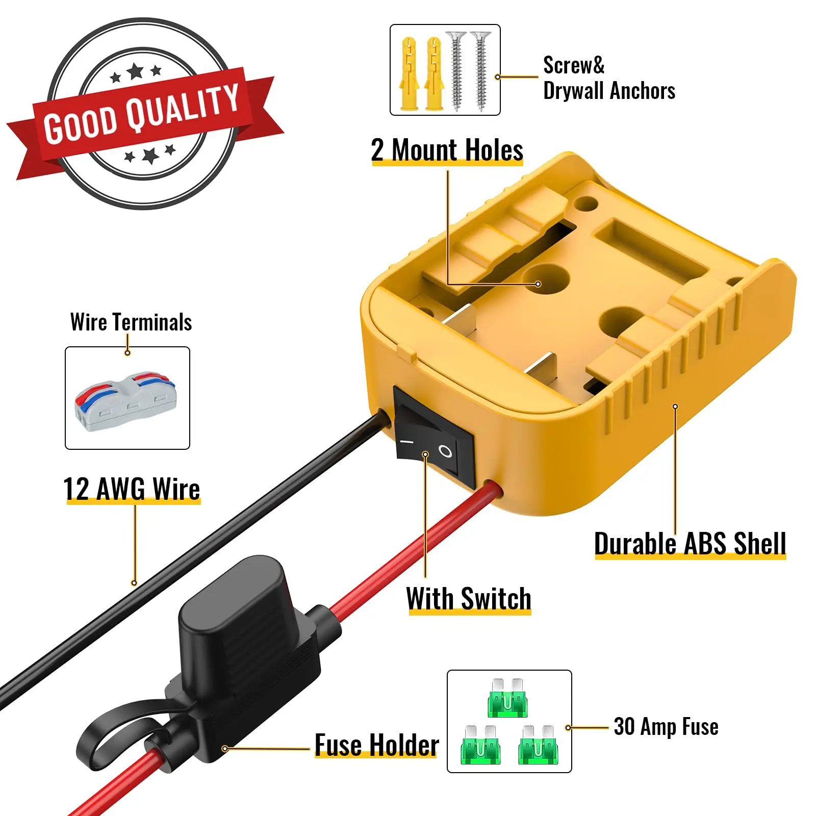 Power Wheels Adapter for Dewalt 20V Battery Adapter with Switch Fuse & Wire Terminals 12AWG Wire DIY Ride On Truck RC Car Toys