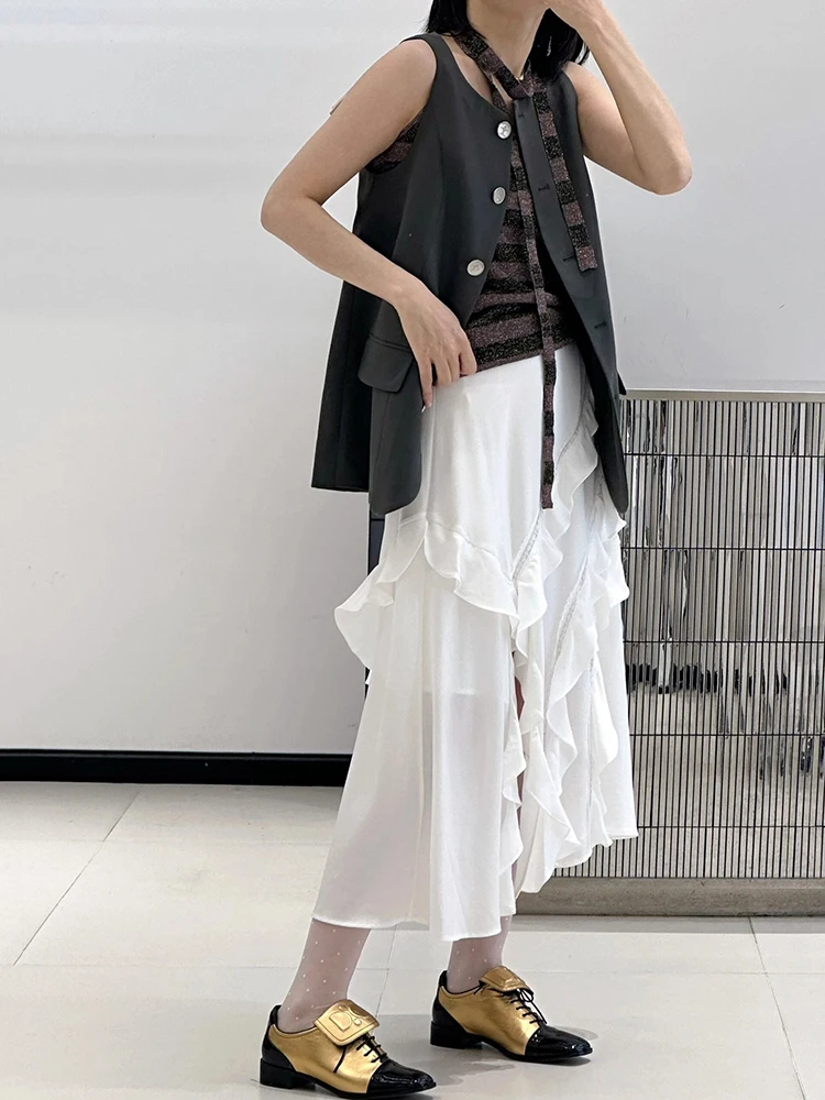 White ruffled A-line long half-body skirt temperament elegant splicing lace asymmetric slanting slit women's skirt 2024 new