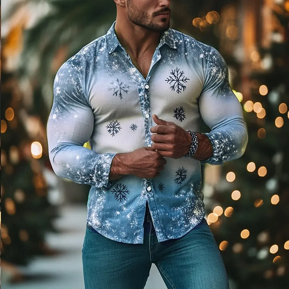 Men's Snowflake Gradient Color Shirt Fashion 3D Printed Shirt Button Up Shirt Casual Long Sleeve Shirt Street Blouse for Mens