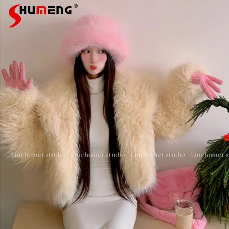 

Japanese Sweet Warm Pink Imitation Fox Fur Jacket Women's Winter 2024 New Korean Version Short Y2k Woolen Coat Jaquetas Feminina